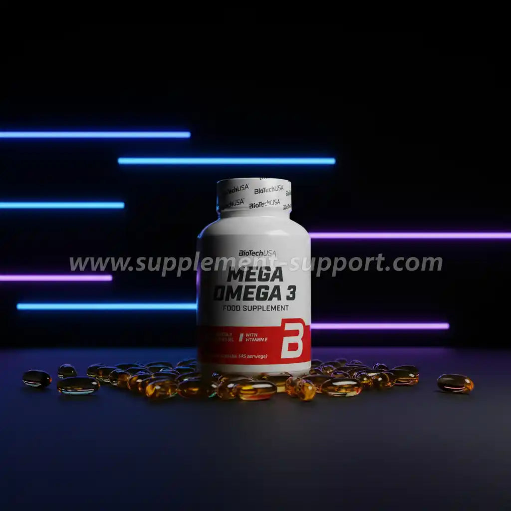 Mega Omega 3 Nahrungsergänzungsmittel mit Vitamin E, umgeben von Kapseln vor neonfarbenem Hintergrund