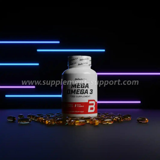 Mega Omega 3 Nahrungsergänzungsmittel mit Vitamin E, umgeben von Kapseln vor neonfarbenem Hintergrund