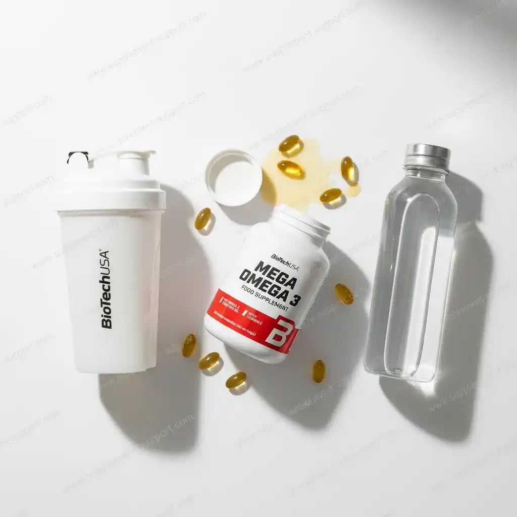 BioTechUSA Mega Omega 3 Kapseln mit Shaker und Wasserflasche – Nahrungsergänzung für Sportler