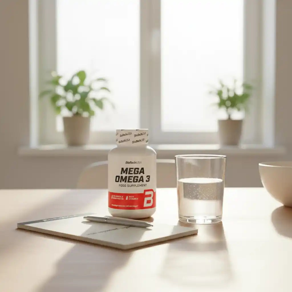 Mega Omega 3 Nahrungsergänzungsmittel mit Glas Wasser auf Tisch, ideal für Sportler und Fitness