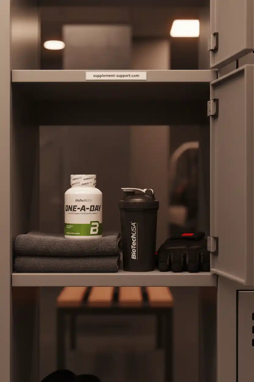 BioTechUSA One-A-Day Multivitamin und Shaker im Fitness-Schrank mit Handtuch und Handschuhen