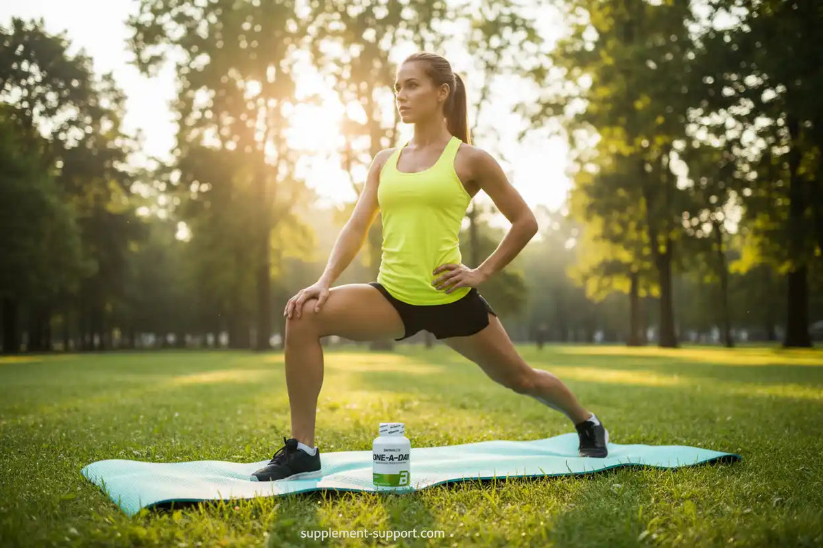 Frau beim Dehnen im Park mit Nahrungsergänzungsmittel auf Yogamatte – Fitness & Sportnahrung