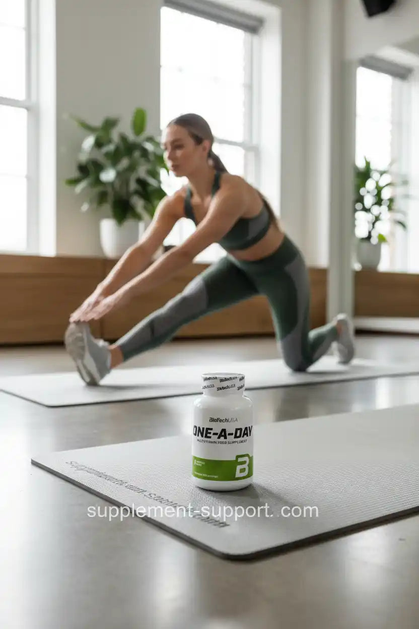One-A-Day Multivitamin für Sportler auf Yogamatte, Frau dehnt im Hintergrund