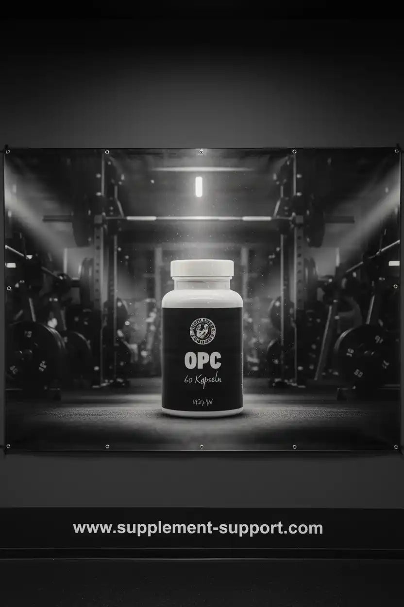 Weiße Dose OPC Kapseln vor einem dunklen Fitnessstudio Hintergrund mit Hanteln.