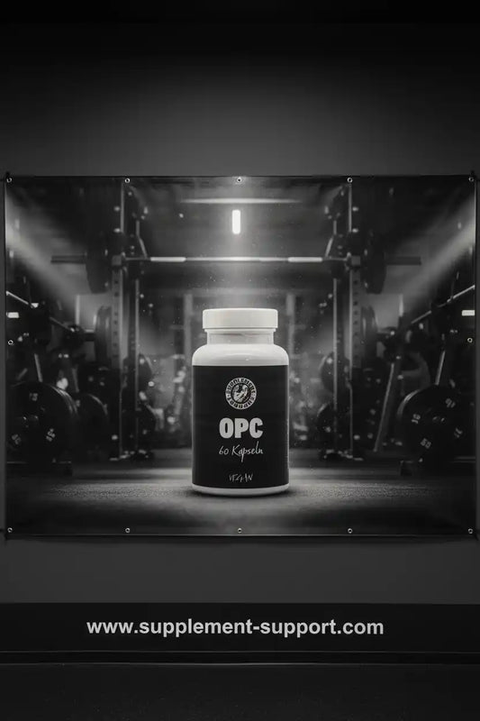 Weiße Dose OPC Kapseln vor einem dunklen Fitnessstudio Hintergrund mit Hanteln.
