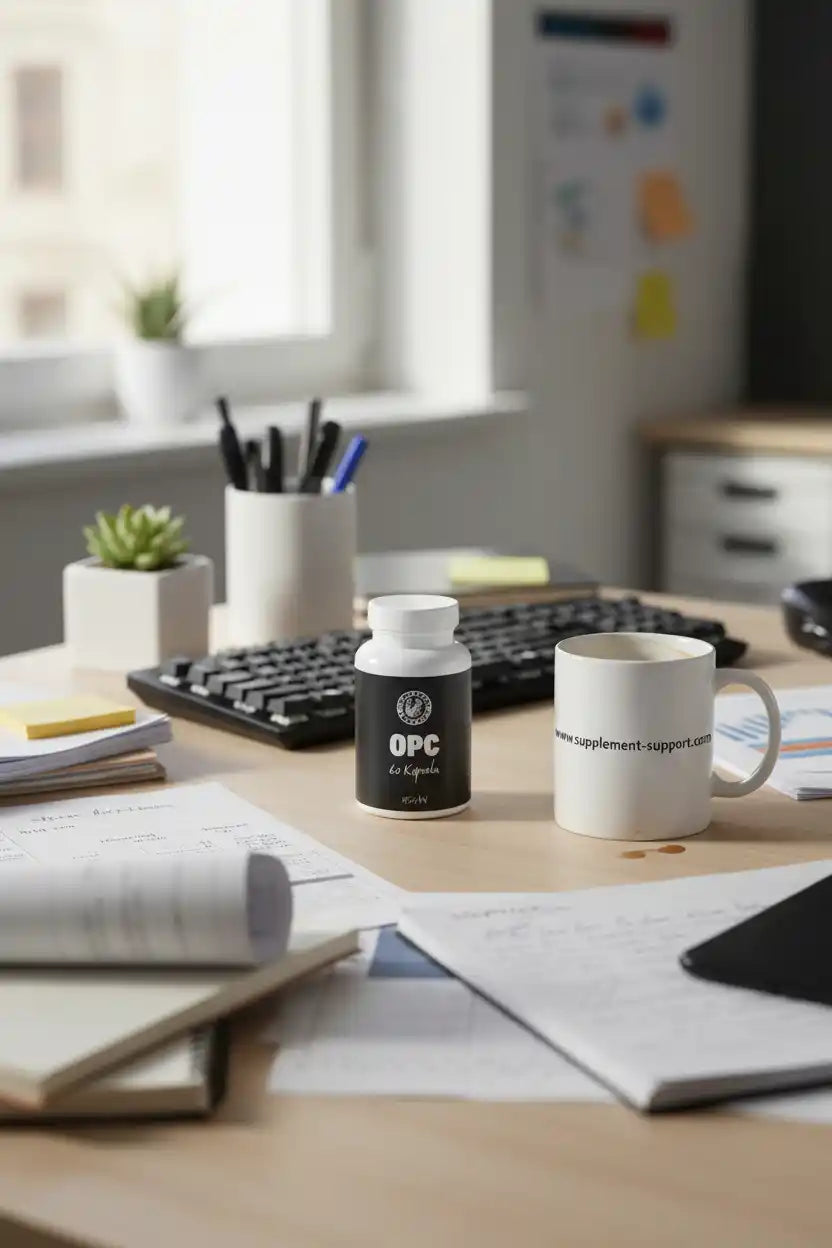 OPC Kapseln Nahrungsergänzung auf einem Schreibtisch neben einer Kaffeetasse.