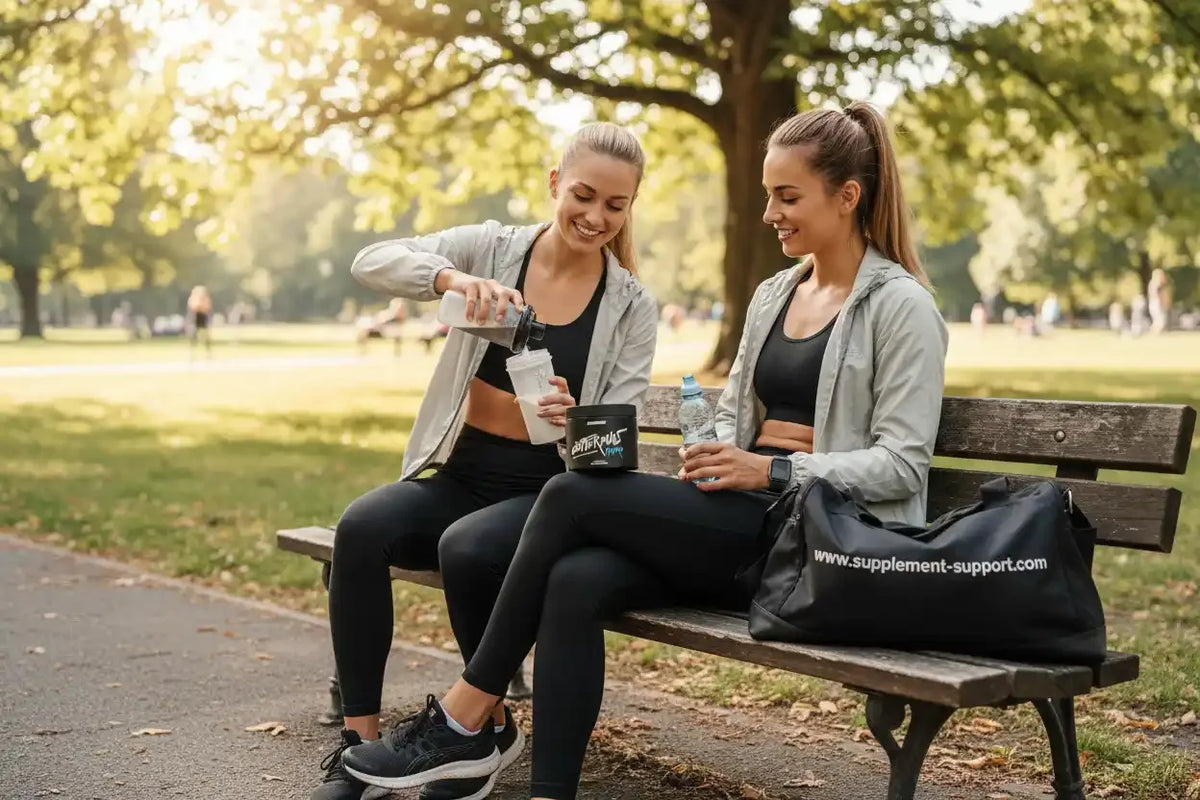 Zwei Frauen bereiten Sportnahrung zu, sitzen auf einer Parkbank mit Supplement-Support-Tasche und Protein-Shaker