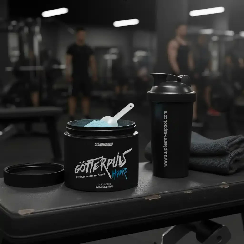 Götterpuls Hydro Hydratationsdrink mit Shaker im Fitnessstudio, Wildbeeren-Geschmack