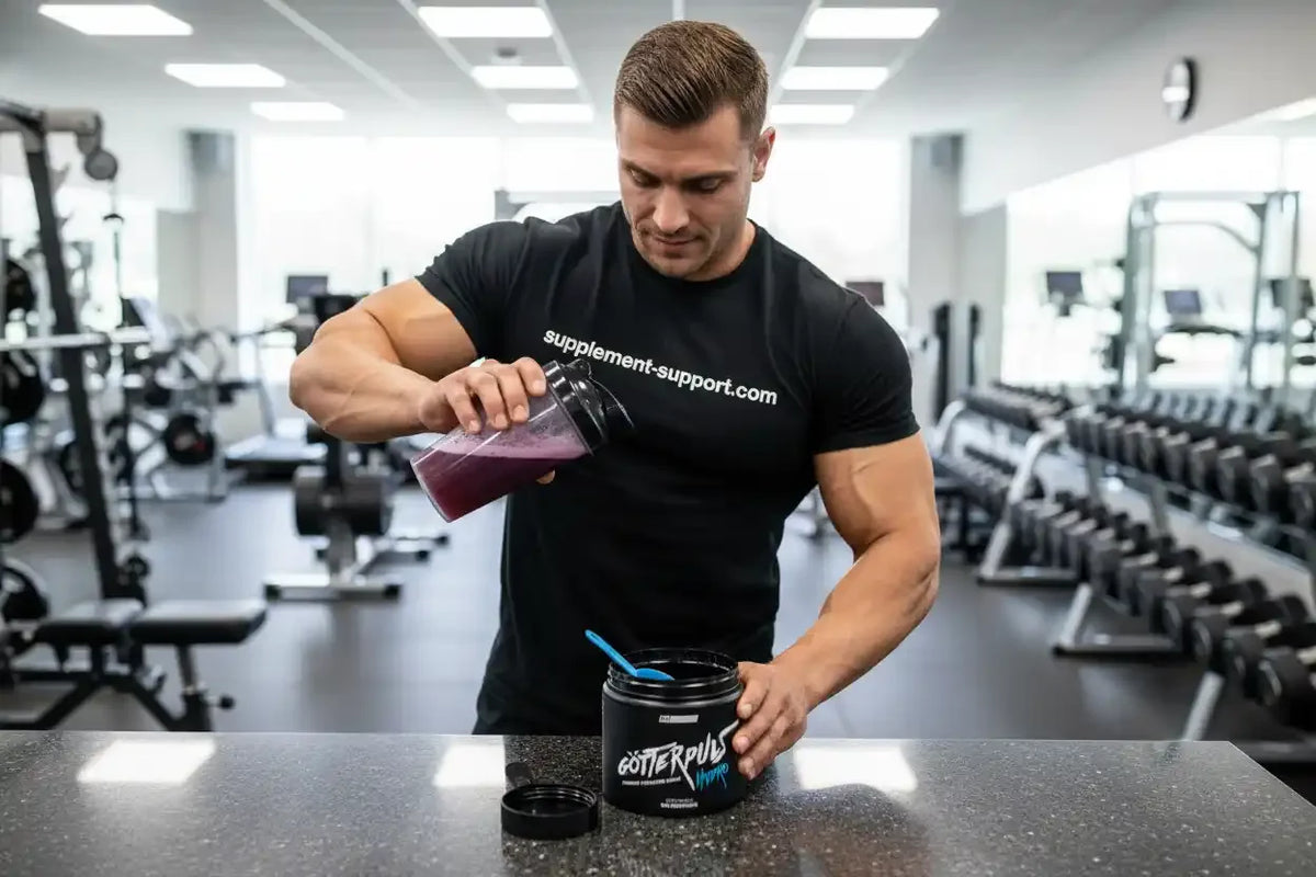 Muskulöser Mann in Fitnessstudio bereitet Nahrungsergänzungsmittel mit Shaker vor, ideal für Sportler und Fitness
