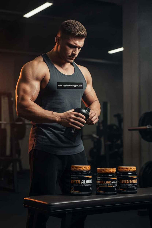 Muskulöser Mann im Fitnessstudio mit Protein-Shaker und Sportnahrung-Supplementen