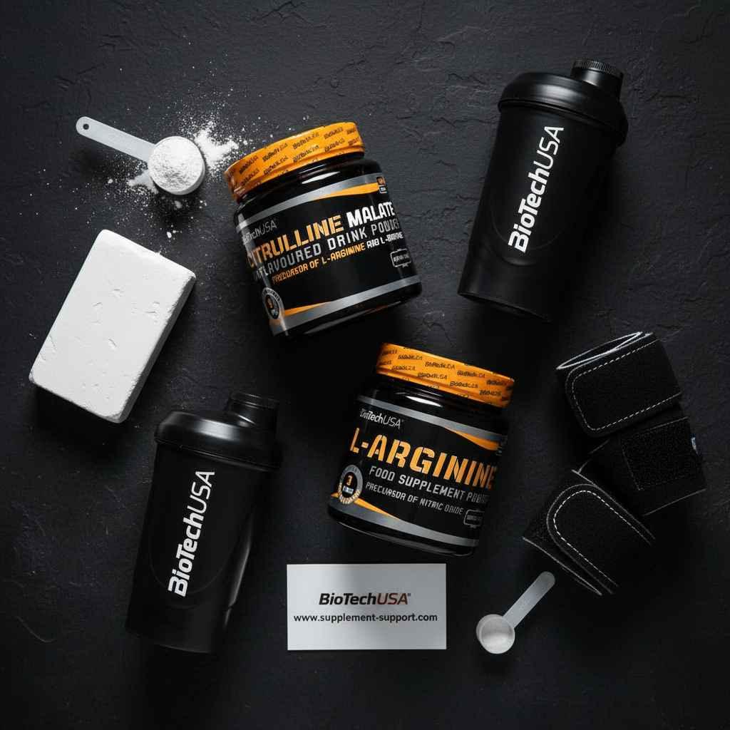 BioTechUSA Nahrungsergänzungsmittel Citrullin Malat und L-Arginin mit Shaker auf dunklem Hintergrund
