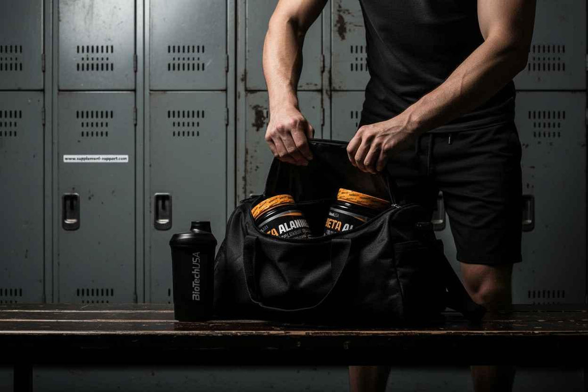 Mann packt Sportnahrung und BioTechUSA Shaker in eine schwarze Sporttasche im Spind.