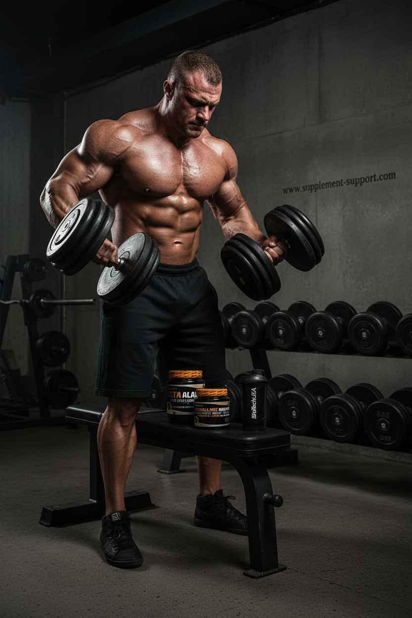 Muskulöser Mann trainiert mit Kurzhanteln im Fitnessstudio neben Sportnahrungsprodukten.