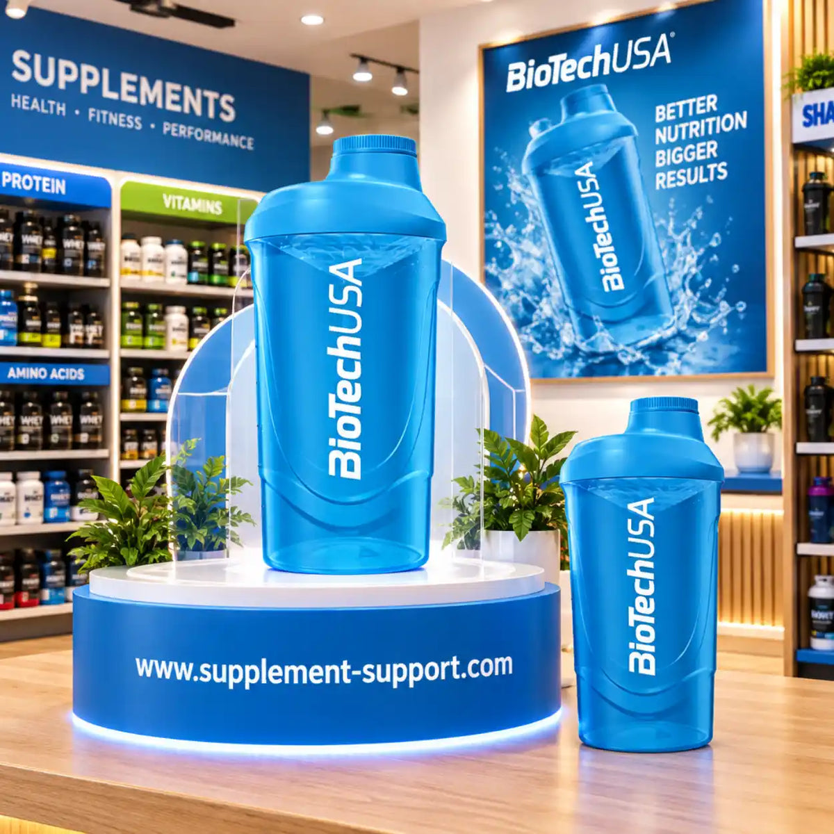 Blauer BioTech USA Protein Shaker in einem modernen Supplement-Store Display.