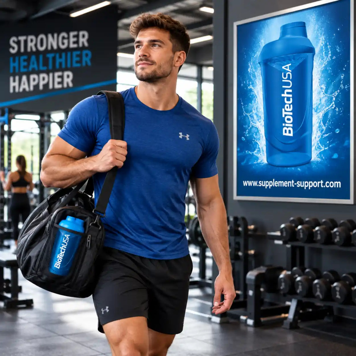 Muskulöser Mann im Fitnessstudio mit blauem BioTech USA Protein Shaker in der Sporttasche.