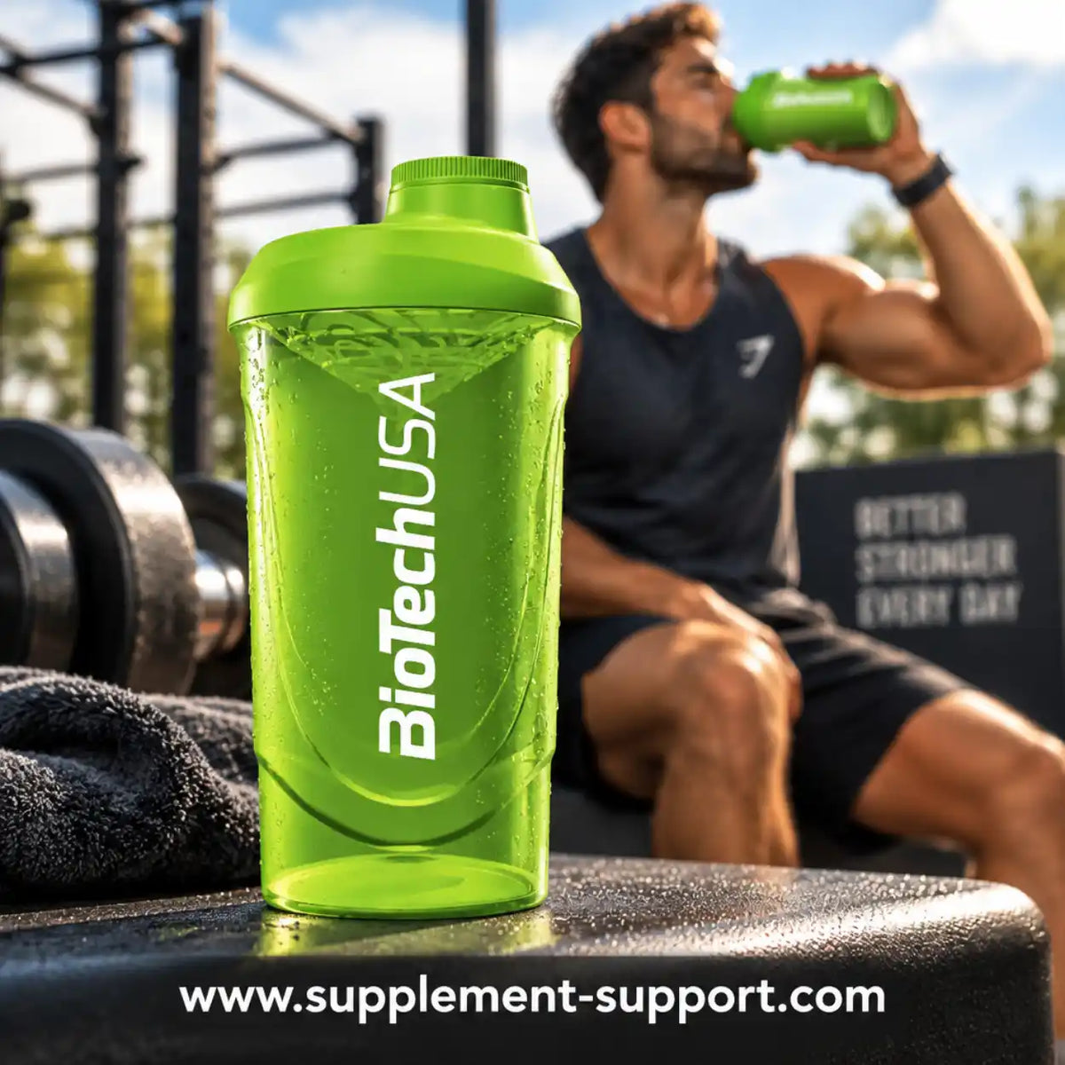 Grüner BioTech USA Protein Shaker auf einer Trainingsbank im Fitnessstudio.