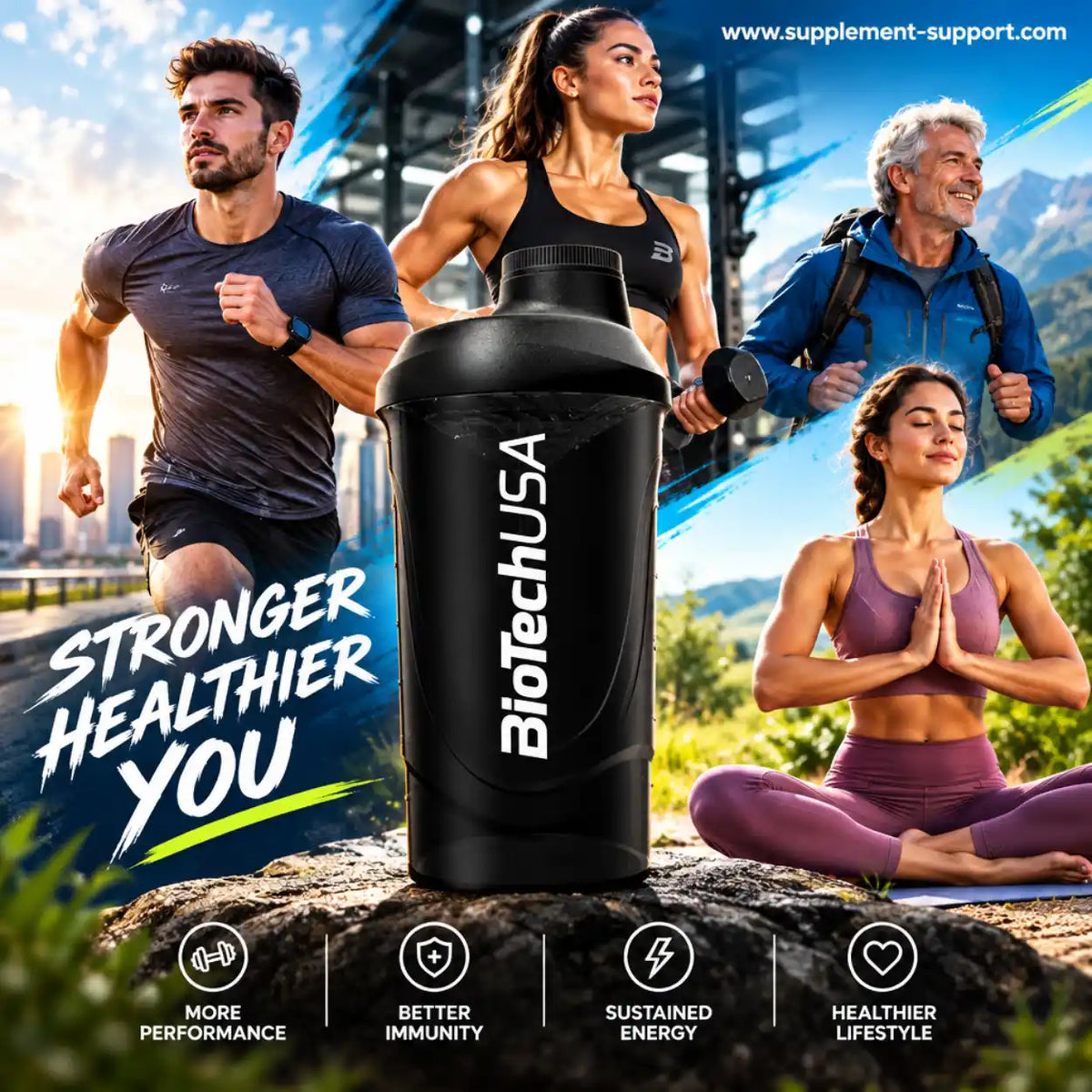 BioTech USA Protein Shaker in Schwarz mit Sportlern beim Laufen und Yoga im Hintergrund.