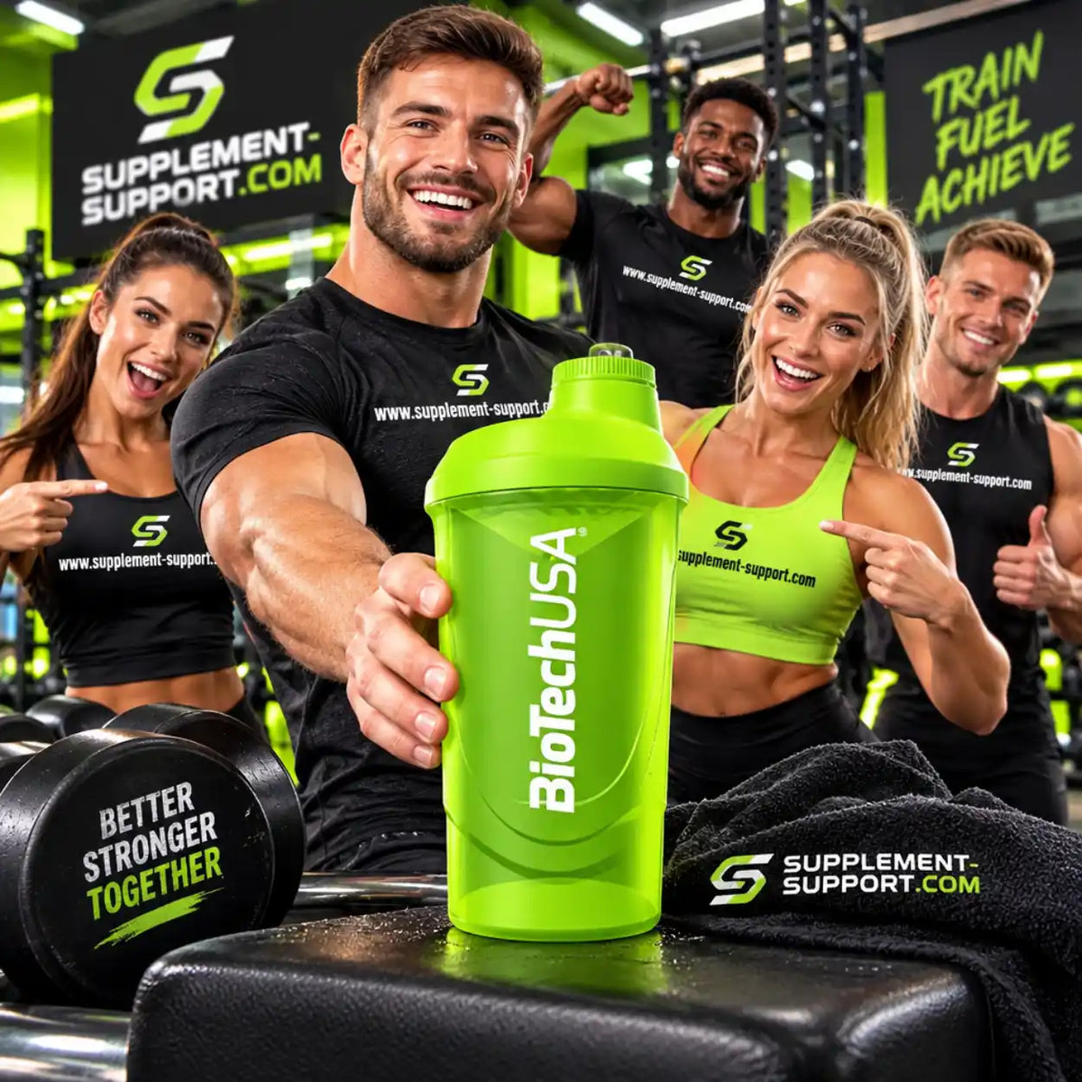 BioTech USA Protein Shaker in Neongrün, gehalten von einem lächelnden Sportler im Fitnessstudio.