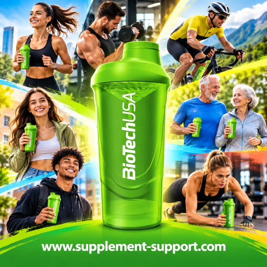 Grüner BioTech USA Protein Shaker 600ml im Einsatz bei verschiedenen Sportlern.