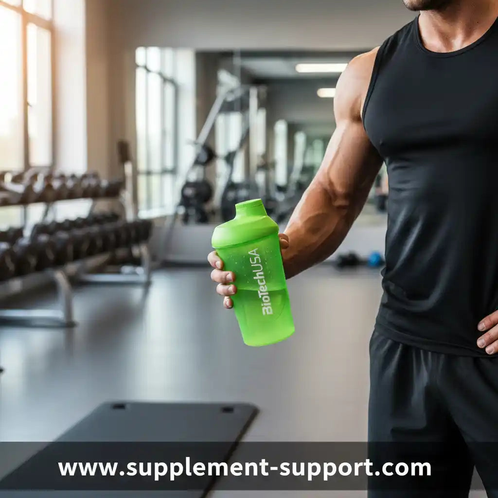 Muskulöser Mann mit grüner BiotechUSA Shaker-Flasche im Fitnessstudio