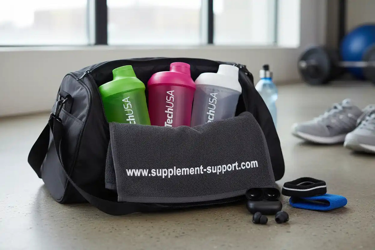 Sporttasche mit TechUSA Shaker, Handtuch und Fitnesszubehör für Training und Sportnahrung