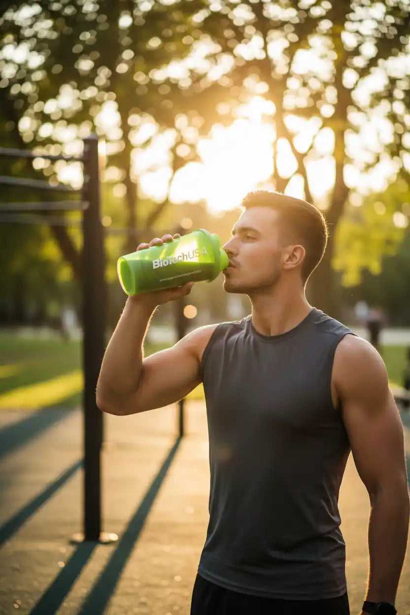 Sportler trinkt aus grüner BioTechUSA Shakerflasche im Park bei Sonnenuntergang, Fitness & Sportnahrung