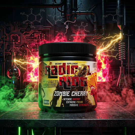 Undisputed Radical Riot V3 Hardcore Pre-Workout in Zombie Cherry vor einem futuristischen Laborhintergrund