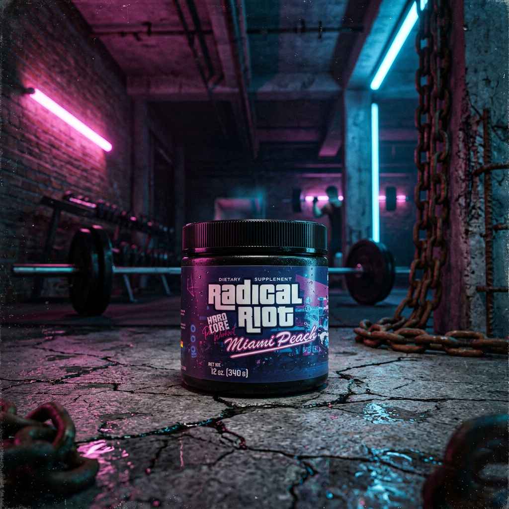 Undisputed Radical Riot V3 Hardcore Pre-Workout Miami Peach 340g in einem neonbeleuchteten Fitnessstudio