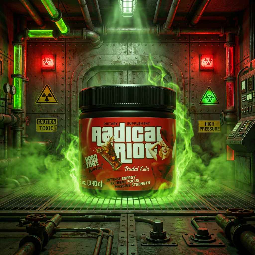 Undisputed Radical Riot V3 Hardcore Pre Workout 340g Brutal Cola in einer Industrieumgebung.