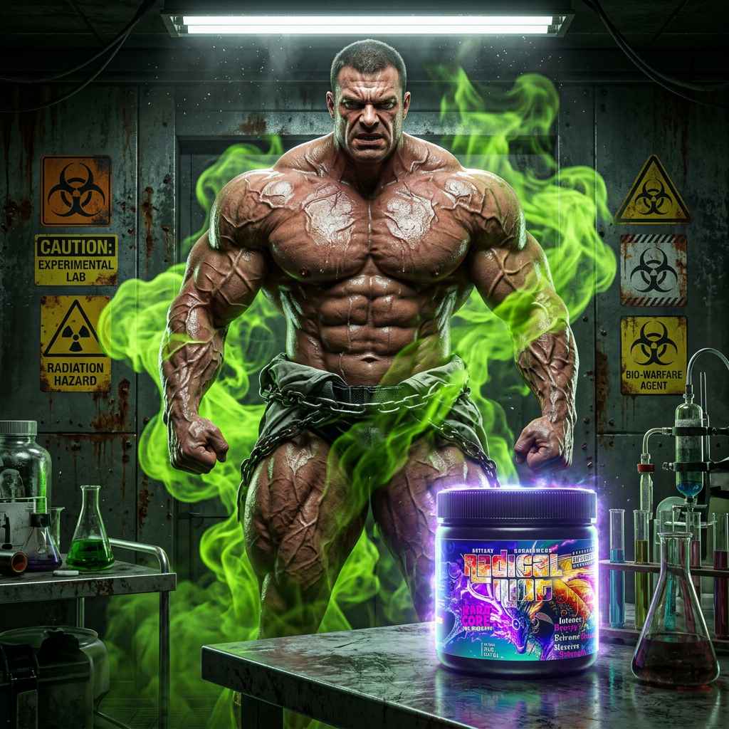 Muskulöser Mann in einem Labor mit grünem Rauch und Undisputed Radical Riot V3 Pre Workout.