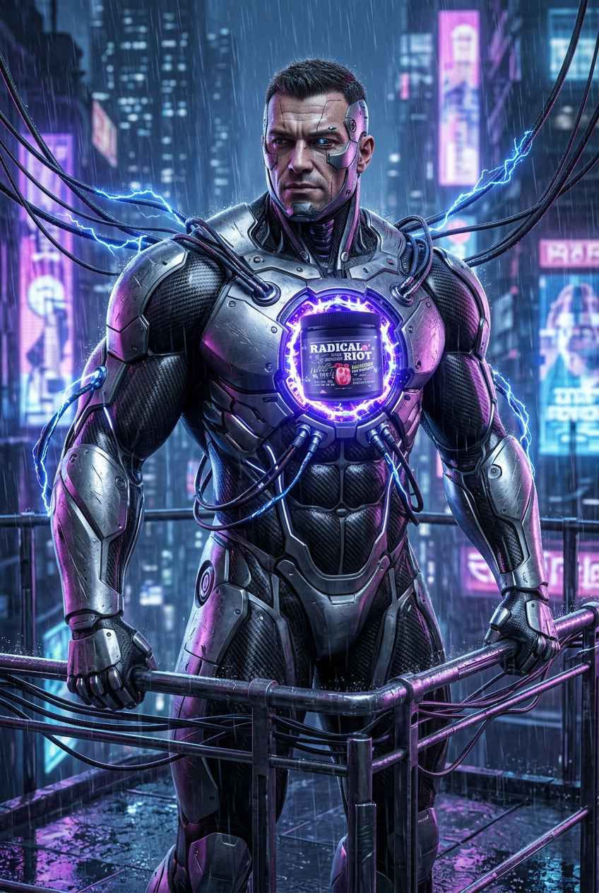 Cybernetischer Athlet mit Undisputed Radical Riot Pre Workout in futuristischer Stadt