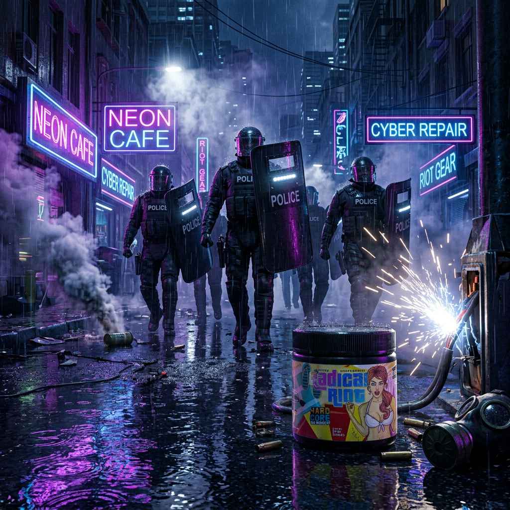 Undisputed Radical Riot V3 Pre Workout Dose in einer futuristischen Cyberpunk-Stadt mit Polizei.