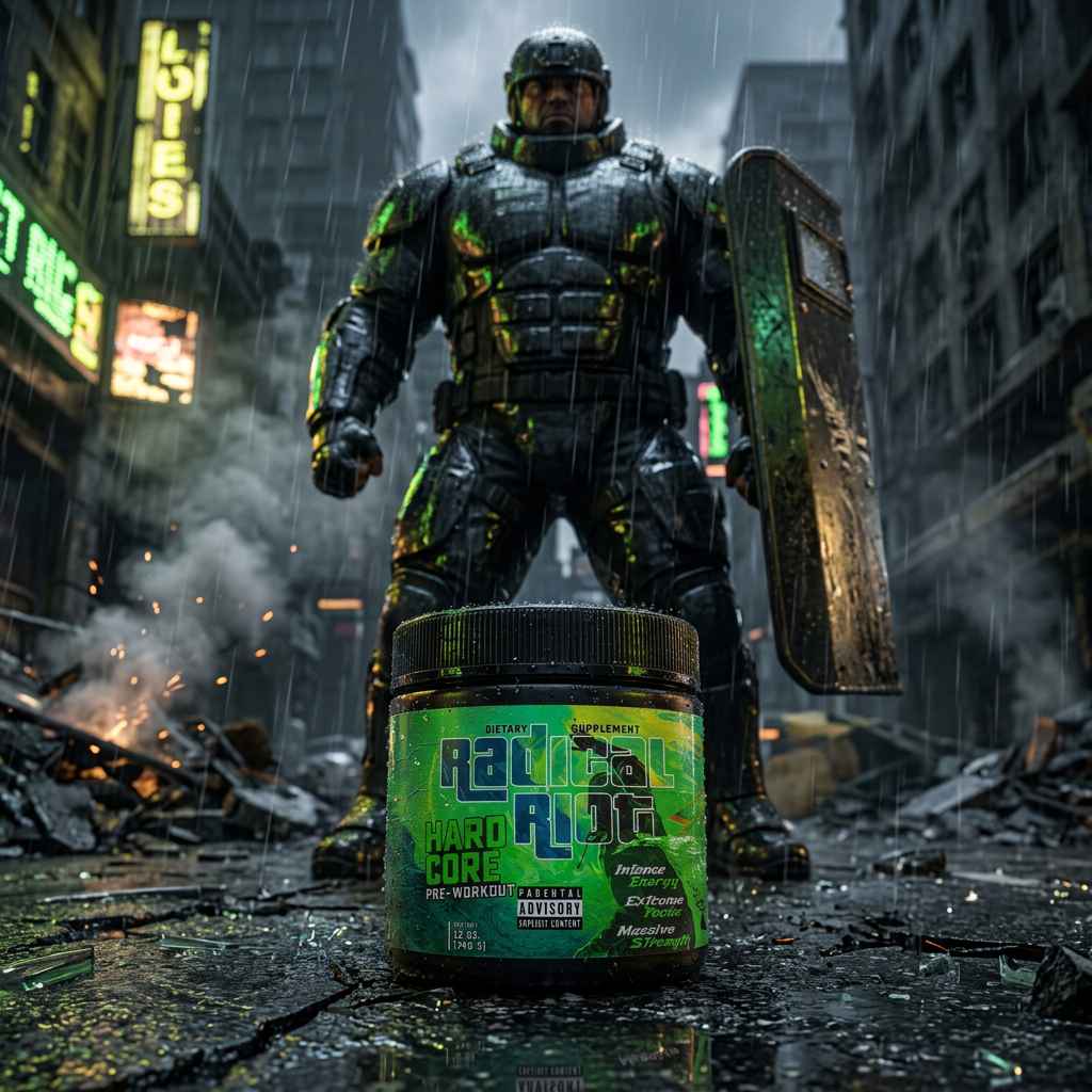 Undisputed Radical Riot V3 Hardcore Pre-Workout Dose vor einem futuristischen Soldaten im Regen