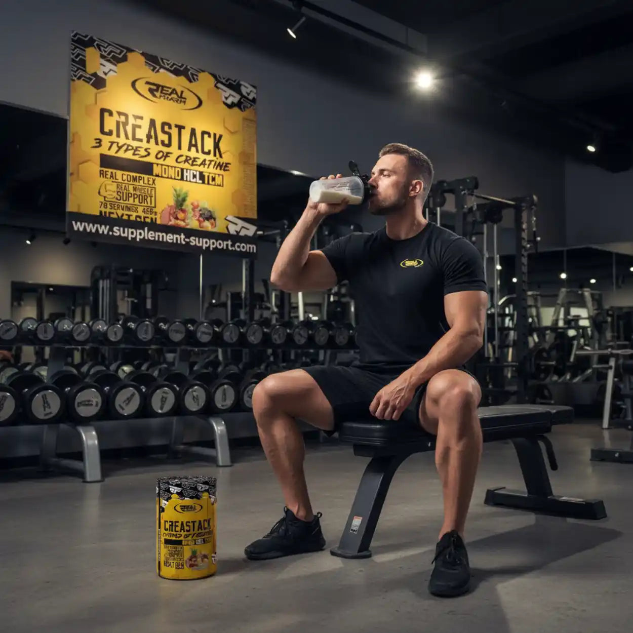 Fitnessstudio, sportlicher Mann trinkt Proteinshake neben Creatin Supplement, Hanteln im Hintergrund