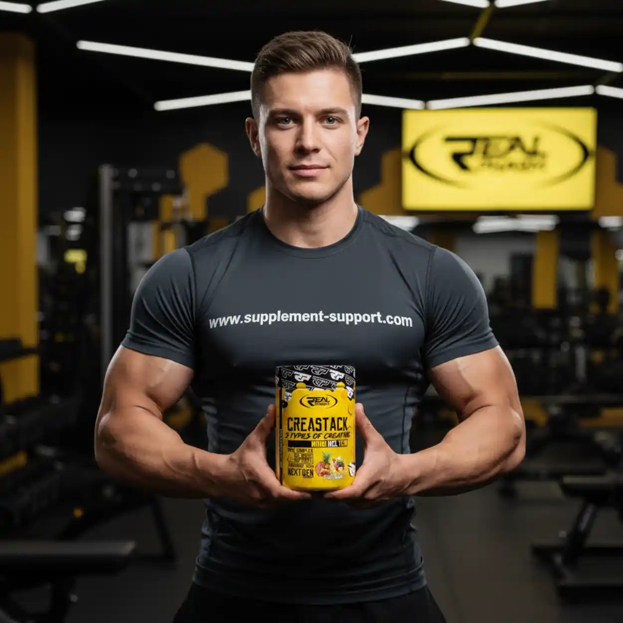 Sportlicher Mann im Fitnessstudio hält Real Pharm Crea Stack Creatin Pulver in der Hand