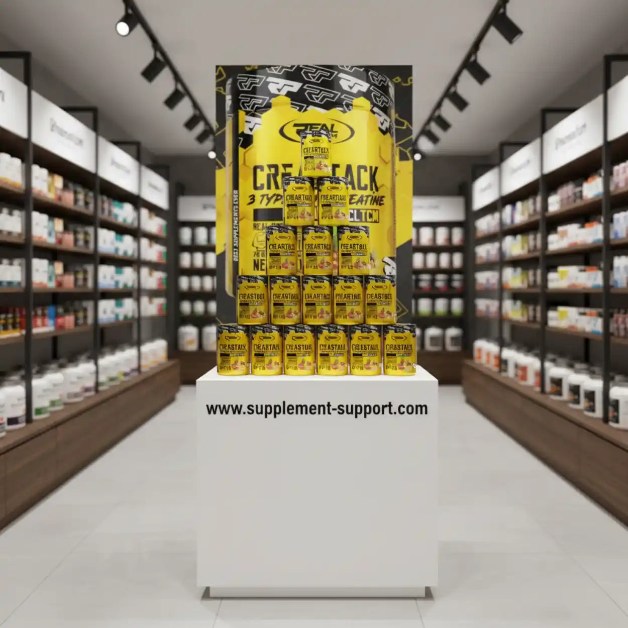 Gelbe Creatin-Supplement-Dosen auf Display im modernen Sportnahrung-Geschäft
