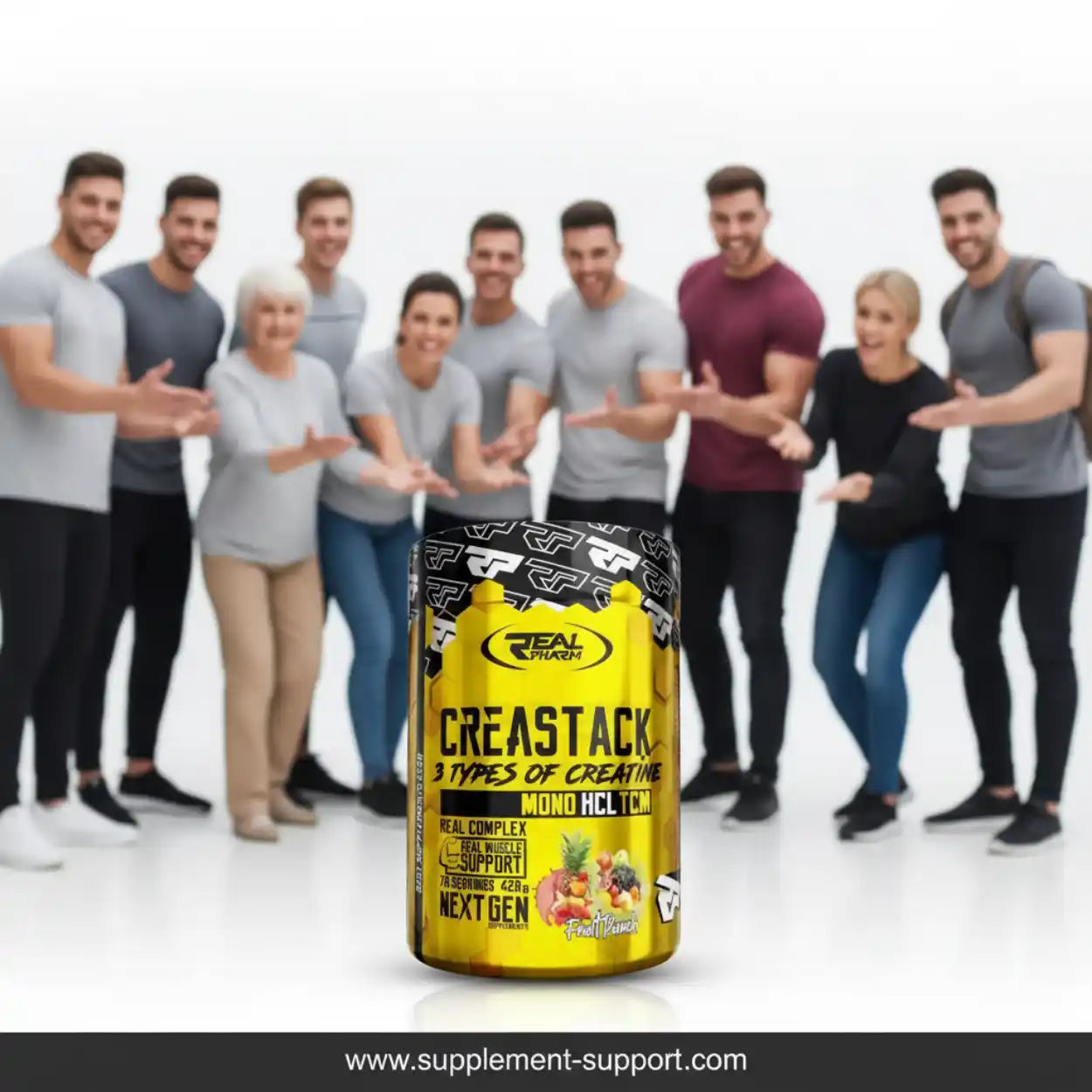 Gelbes Creatin-Pulver-Produkt vor einer Gruppe sportlicher Menschen, Fitness Supplement