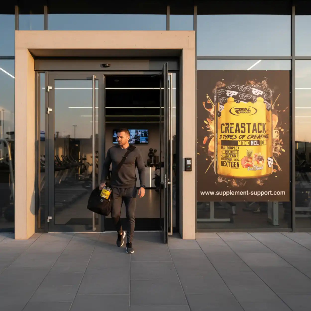Sportler verlässt Fitnessstudio, große Werbung für Crea Stack Kreatin-Supplement an der Wand.