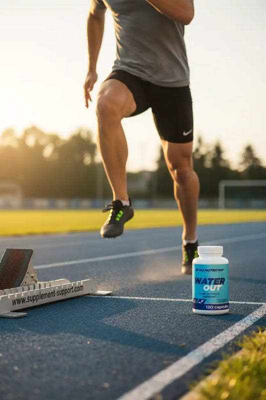 Wasser-Out-Kapseln von AllNutrition auf Laufbahn neben Startblöcken, ideal für Sportler und Fitness