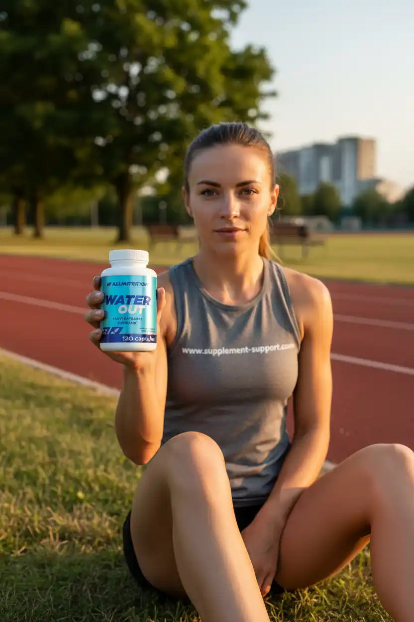 Frau mit Water Out Nahrungsergänzungsmittel auf Laufbahn, ideal für Sportler und Fitness