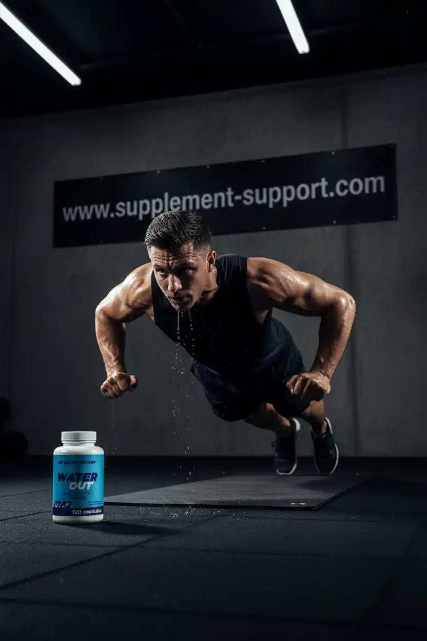 Muskulöser Athlet beim Training mit Water Out Nahrungsergänzungsmittel im Fitnessstudio
