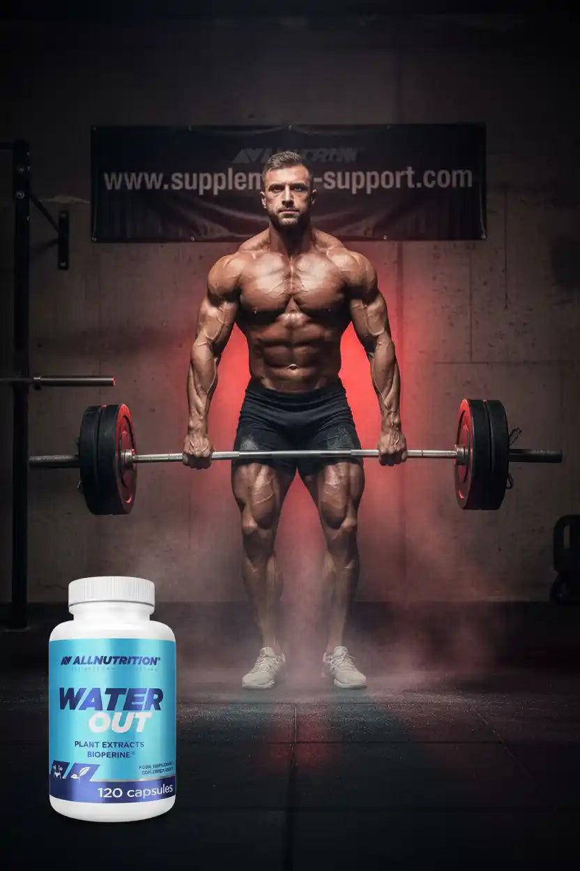 Muskulöser Athlet mit Barbell und AllNutrition Water Out Kapseln für Fitness und Sportnahrung