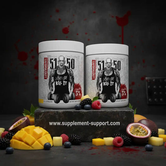 Zwei Dosen 5150 Workout Supplement mit Früchten auf dunklem Hintergrund