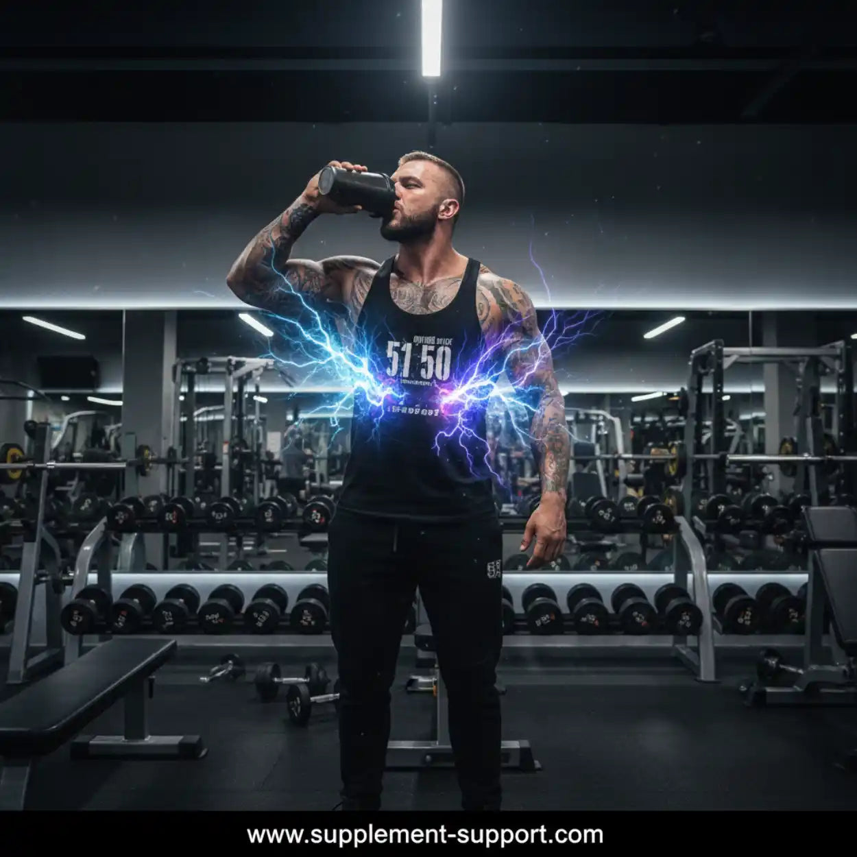 Muskulöser Mann im Fitnessstudio trinkt aus einem Shaker, mit blauen Blitzeffekten auf dem Shirt.