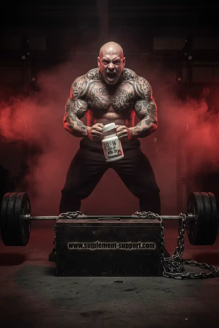 Muskulöser Athlet mit Tattoos hält Nahrungsergänzungsmittel vor Hantel, ideal für Fitness und Krafttraining