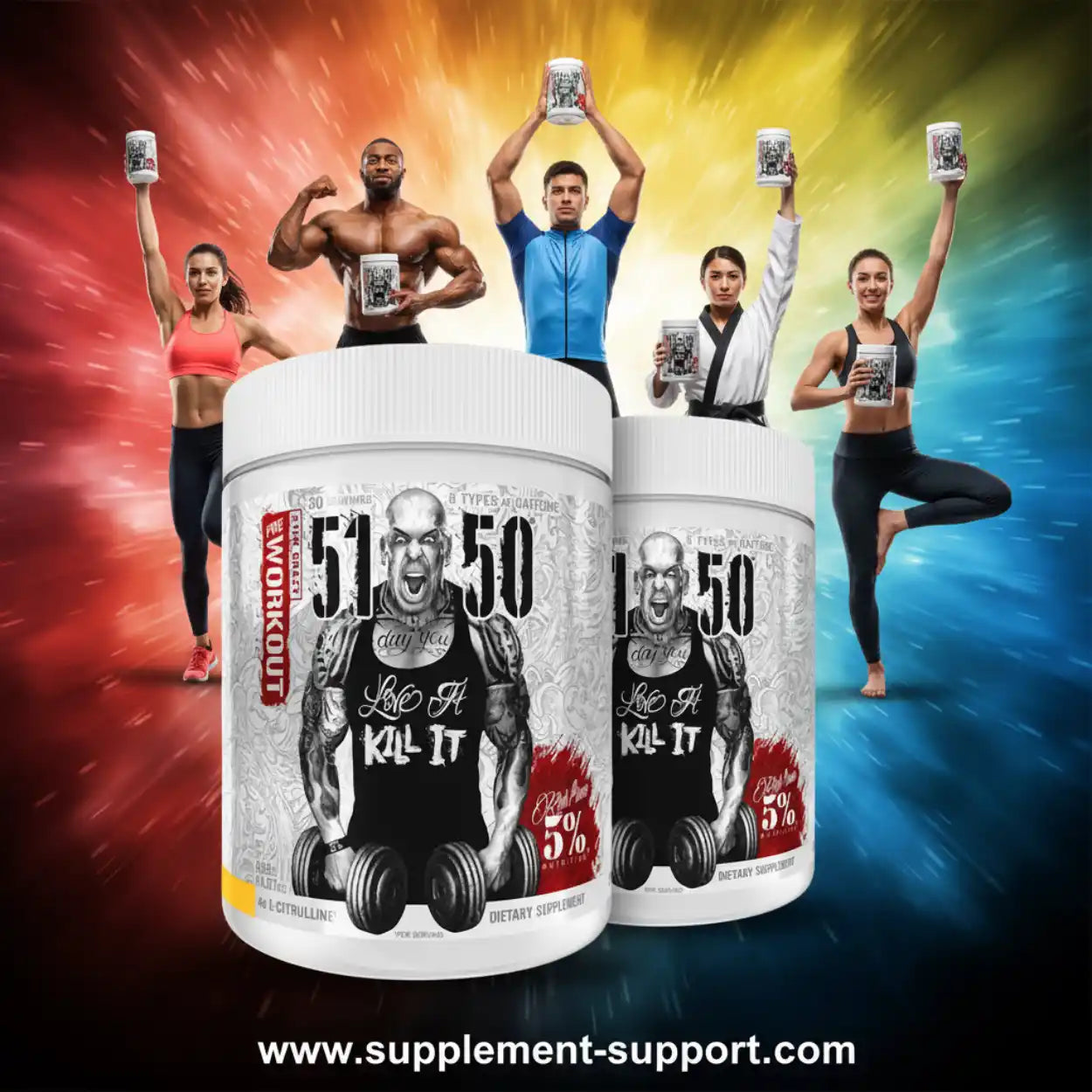 Zwei Dosen 51-50 Pre-Workout Supplement vor sportlichen Personen auf farbigem Hintergrund.