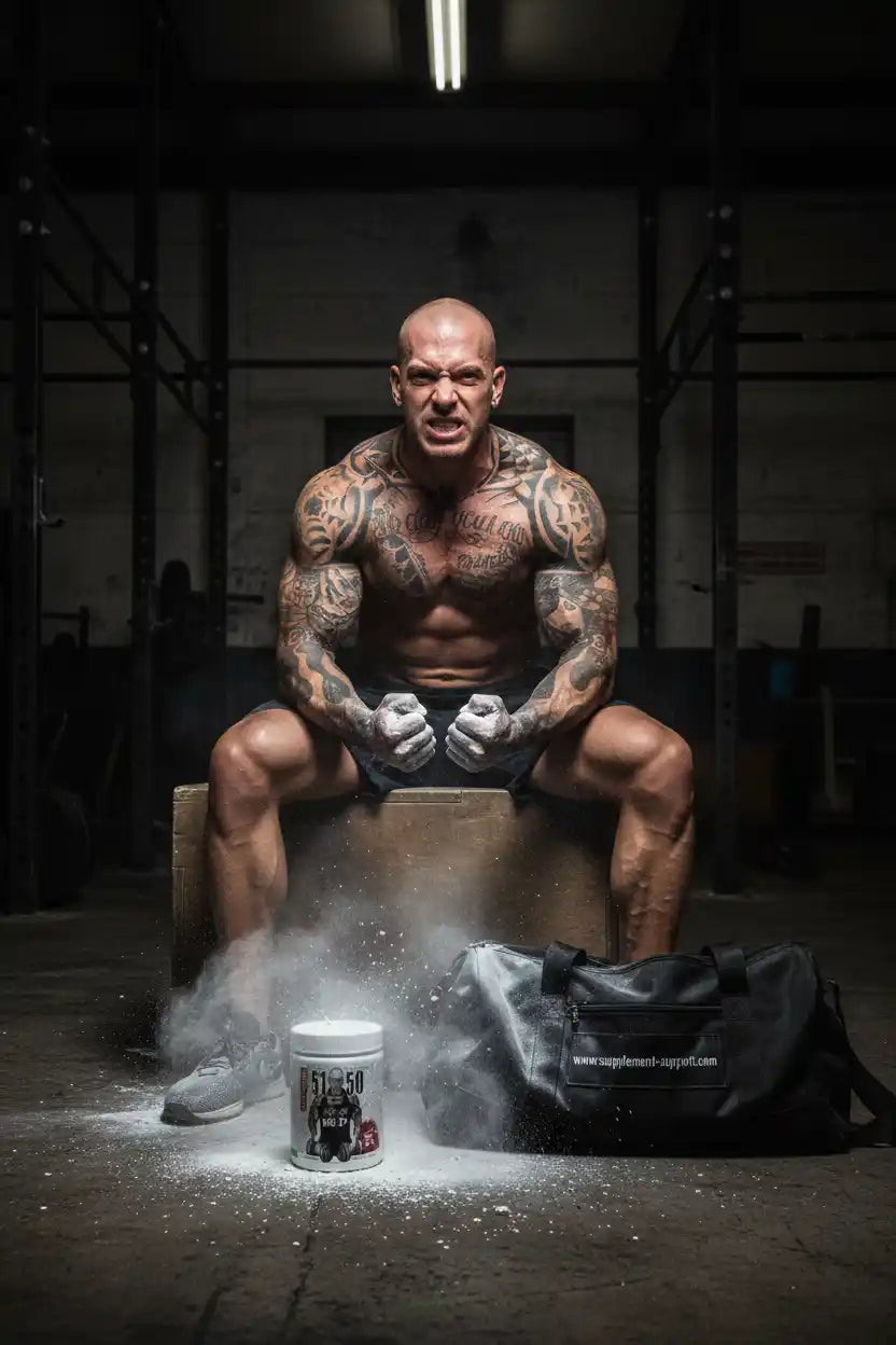 Muskulöser Athlet mit Tattoos im Fitnessstudio, Nahrungsergänzungsmittel und Sporttasche