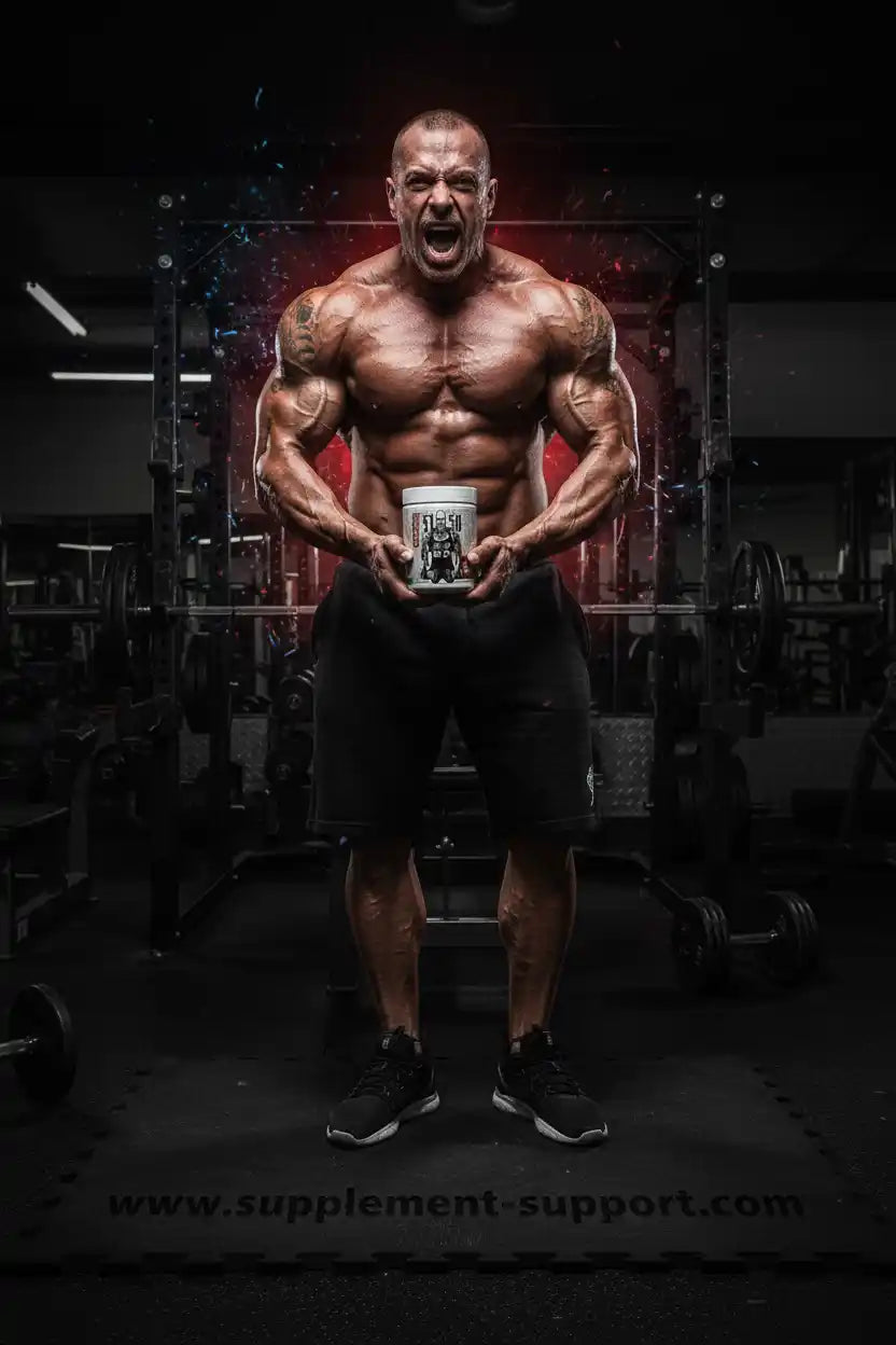 Muskulöser Bodybuilder mit Nahrungsergänzungsmittel im Fitnessstudio, ideal für Sportler und Fitness-Enthusiasten