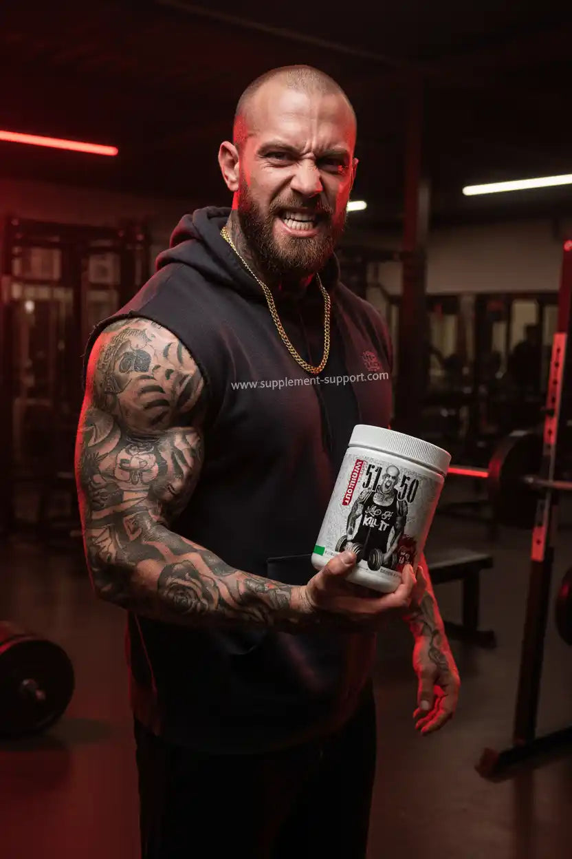Muskulöser Mann mit Tattoos hält Sportnahrung im Fitnessstudio, ideal für Fitness und Krafttraining
