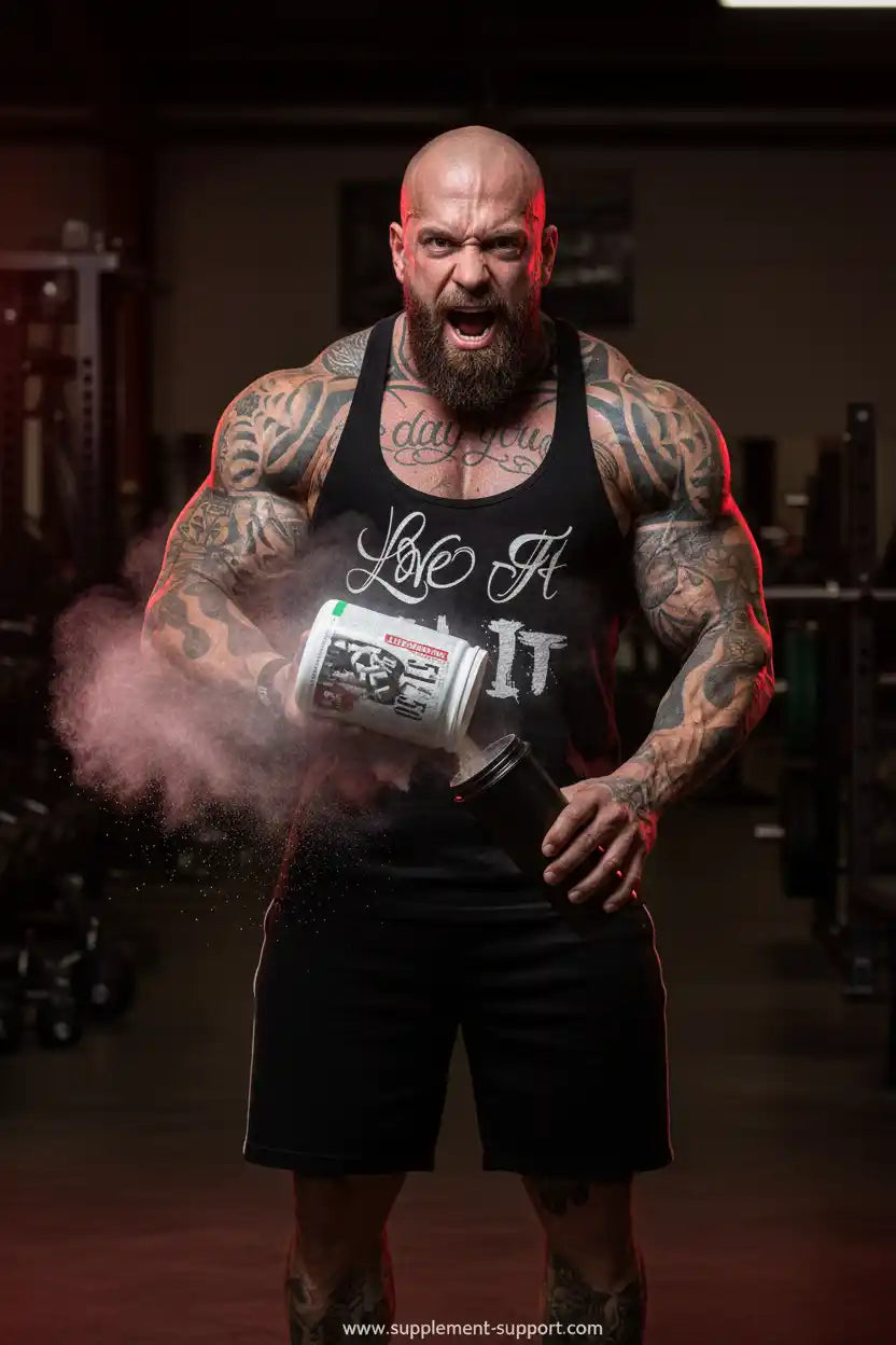 Muskulöser Athlet mit Tattoos gießt Sportnahrung in Shaker im Fitnessstudio